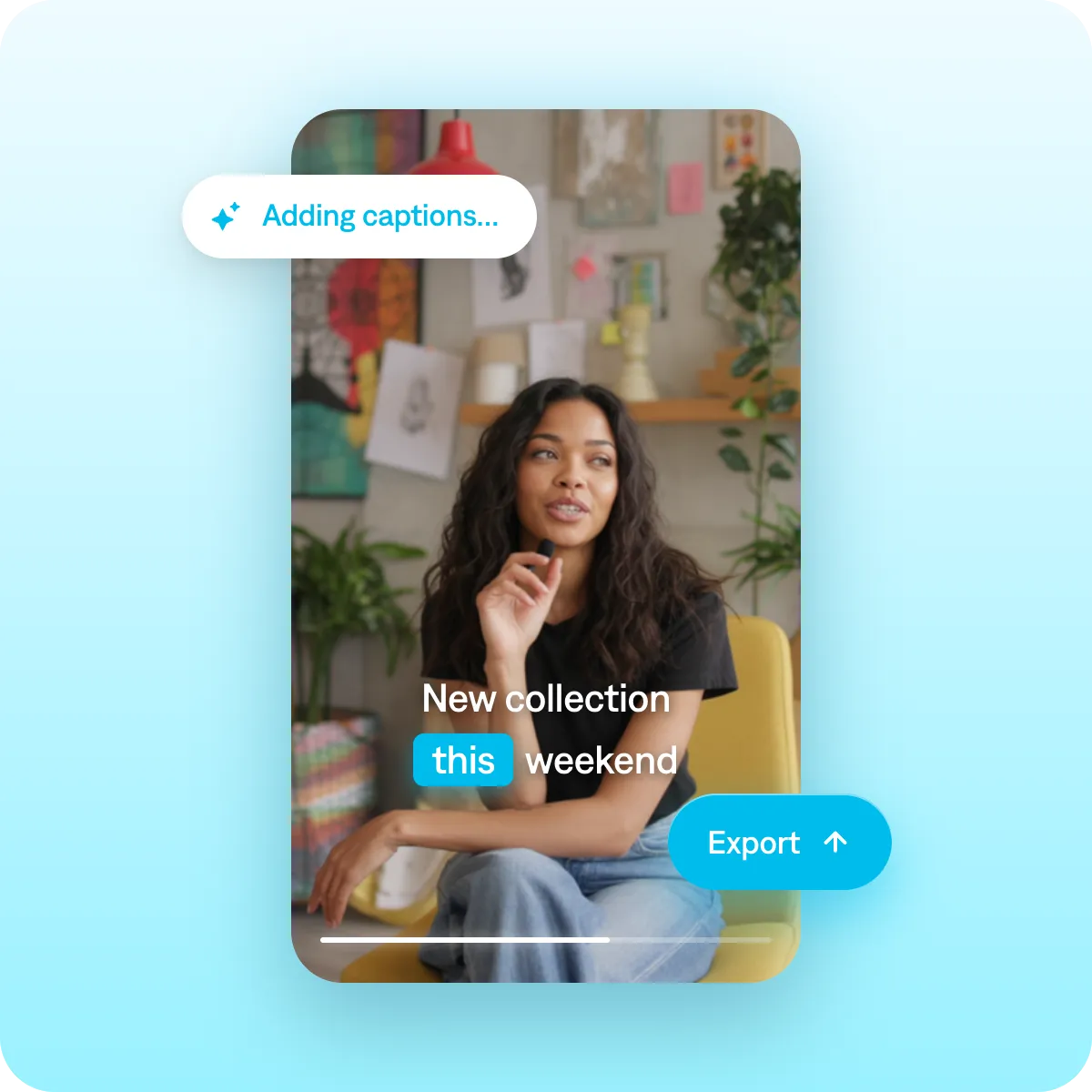 Screenshot showing how to add captions and export a promotional video in the Captions app