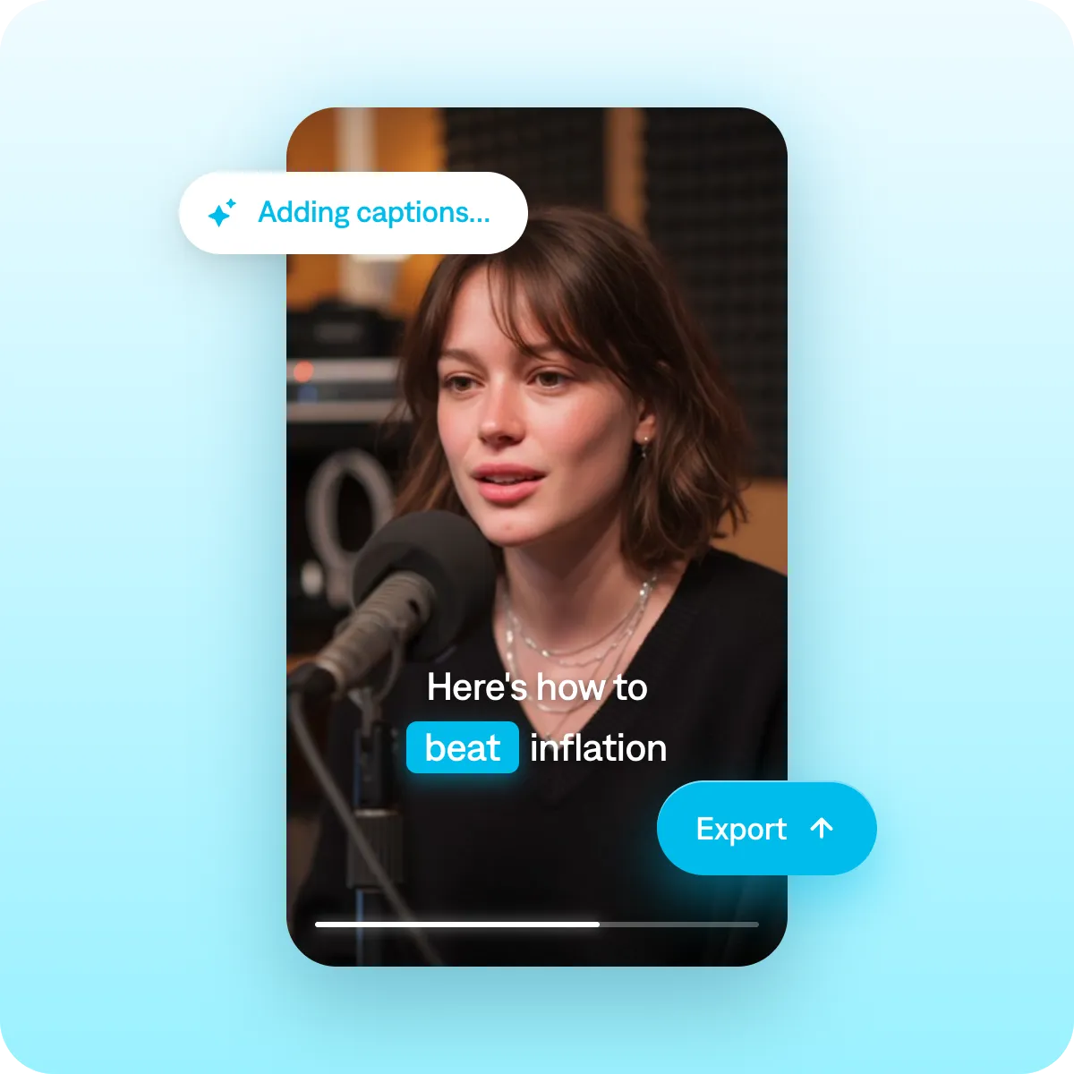 Screenshot showing how to add captions and export a finished video in the Captions app