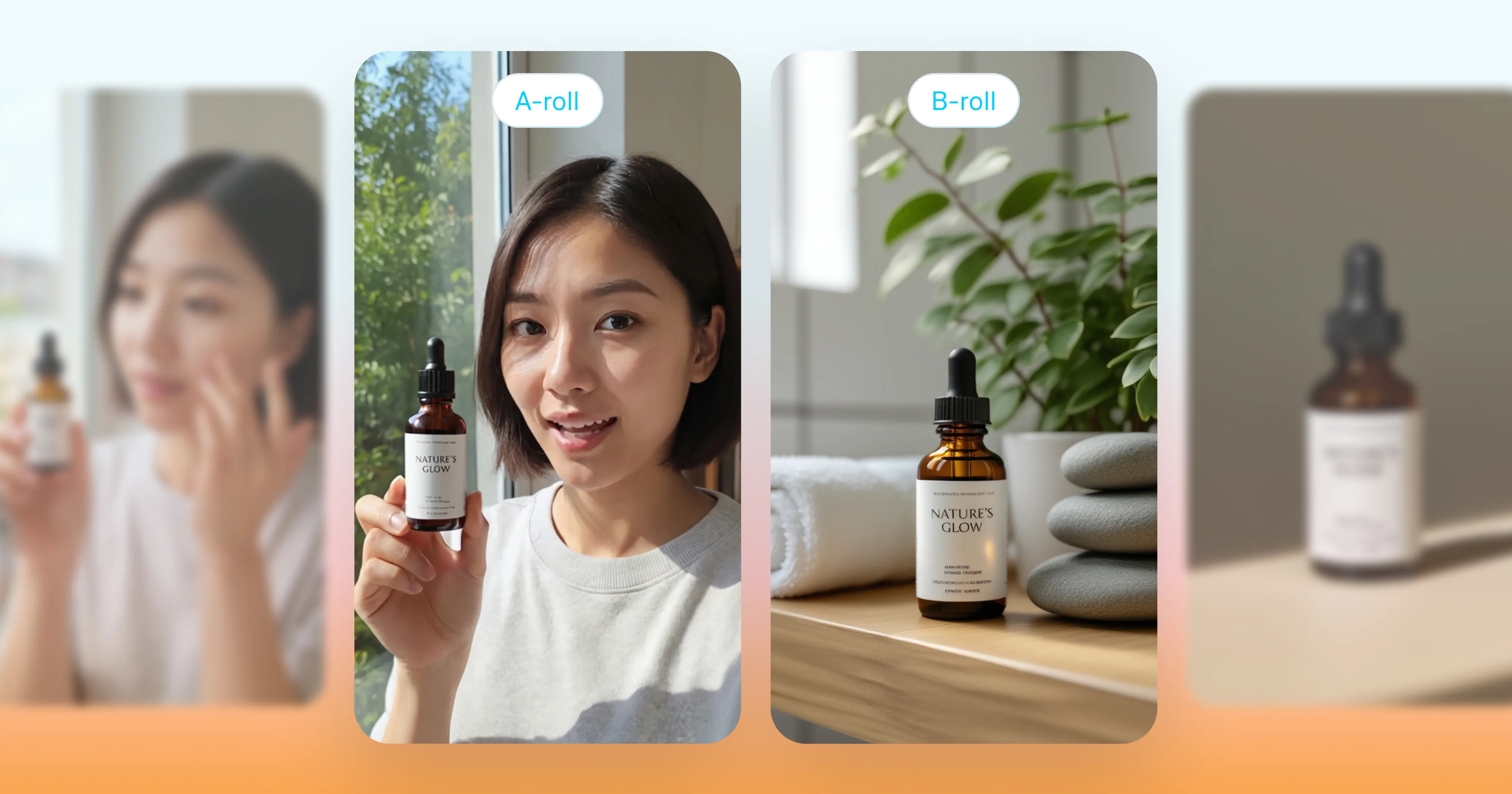 A-roll and B-roll comparison showing a woman presenting a skincare serum on camera next to a close up product shot of Nature’s Glow.