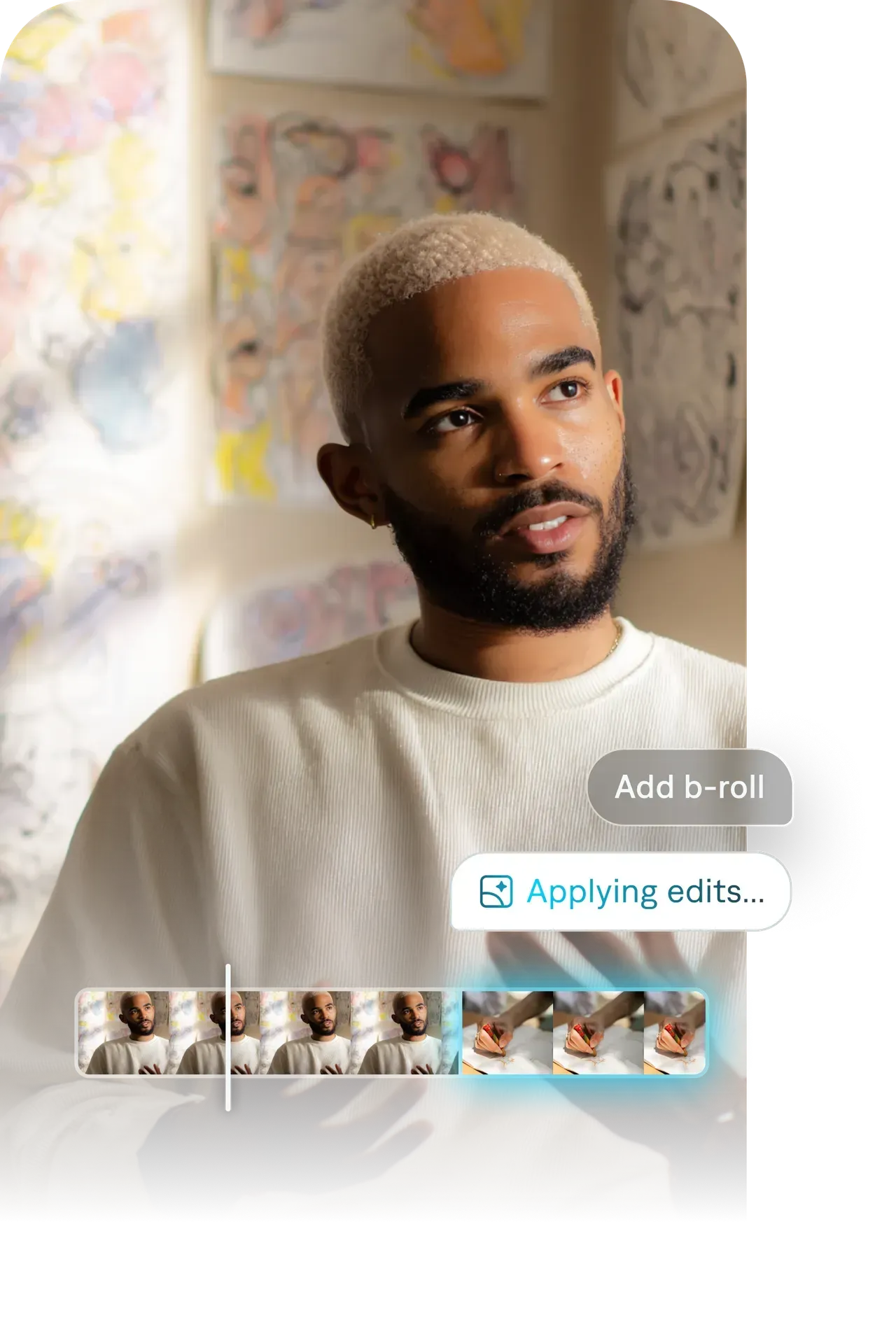Talking-head video with AI editing controls to add b-roll and apply edits, shown with a clip timeline