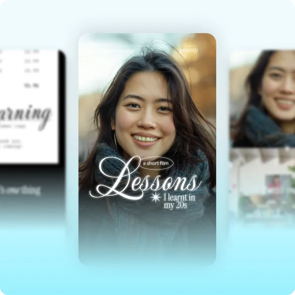 Three phone screens showcasing Mirage's Elevate AI edit style, featuring luxury editorial captions with serif typography and cinematic decorative accents on video footage