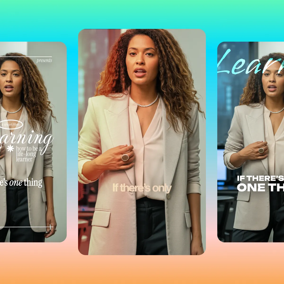 Professional woman in beige blazer and pearl necklace shown in three overlapping frames with learning-themed text on gradient background