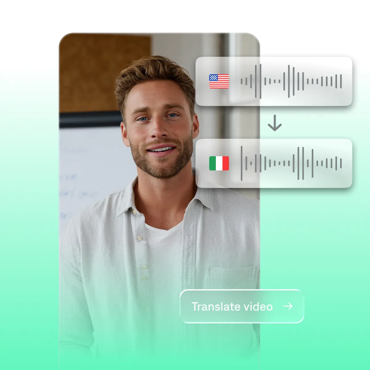 Man in front of a whiteboard with American flag and Italian flags with audio waves indicating video is being translated to another language. 
