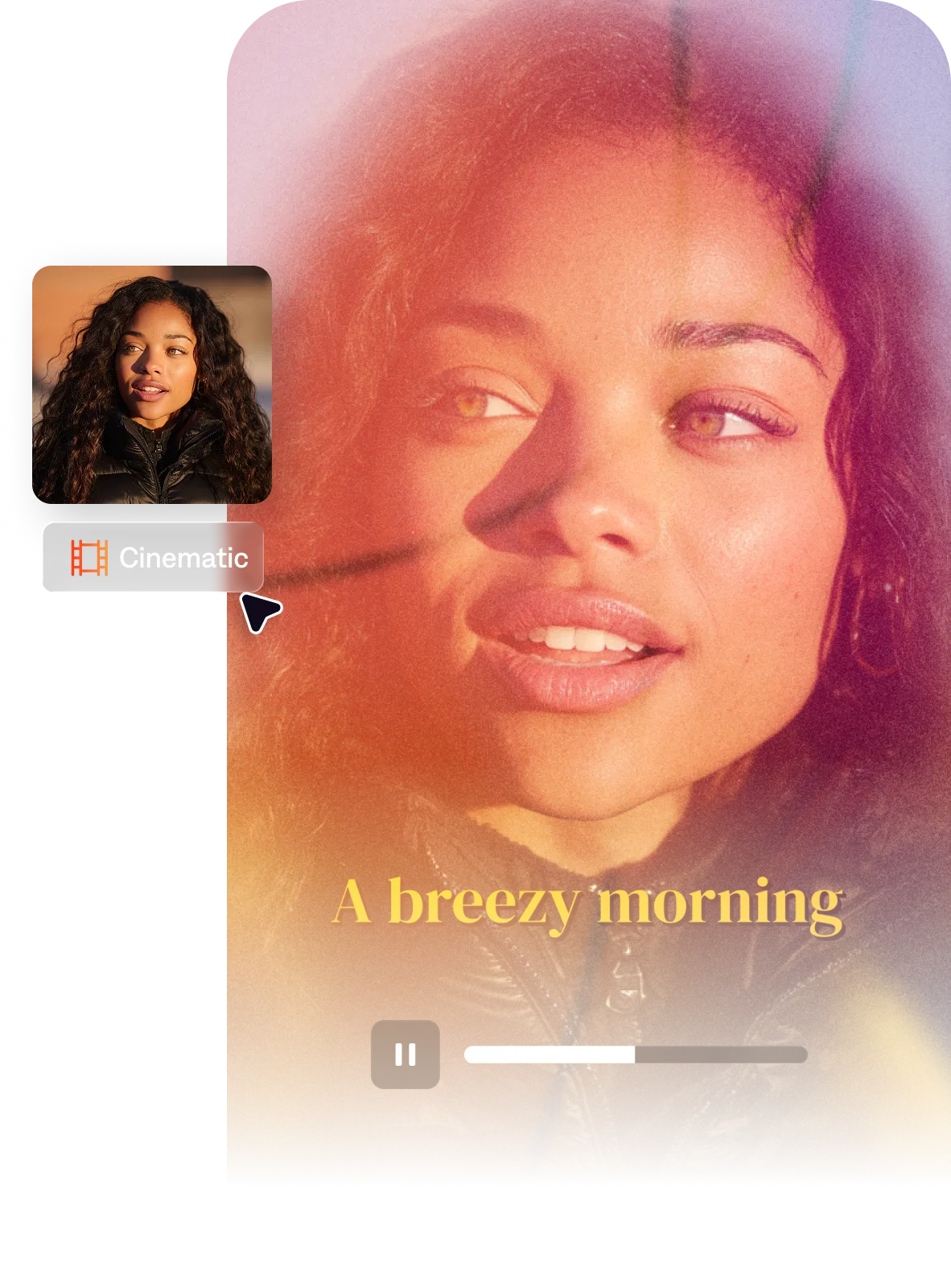 Video editing interface showing a smiling woman and a new style being applied