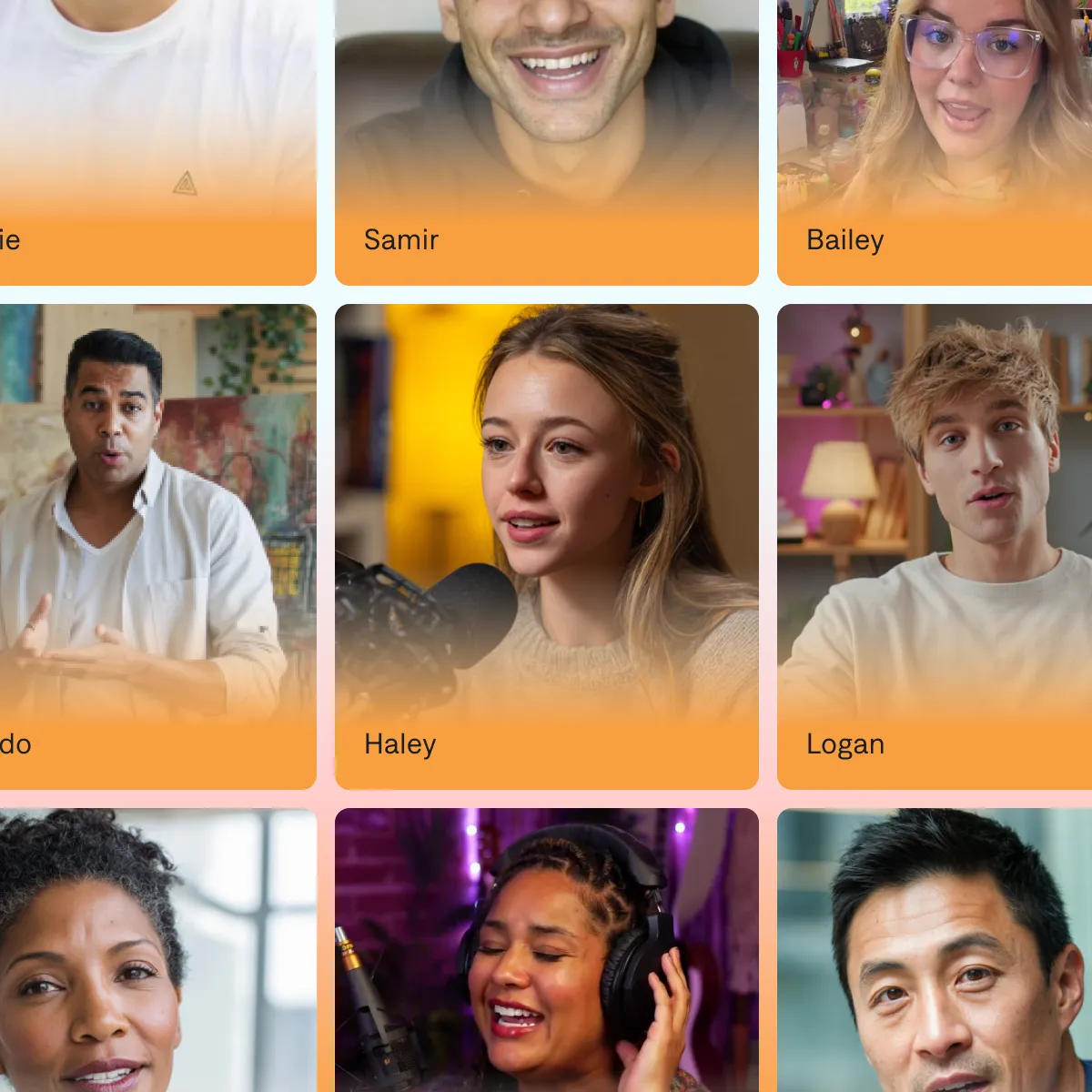Grid of nine profile photos showing different avatar options and their names on orange backgrounds.