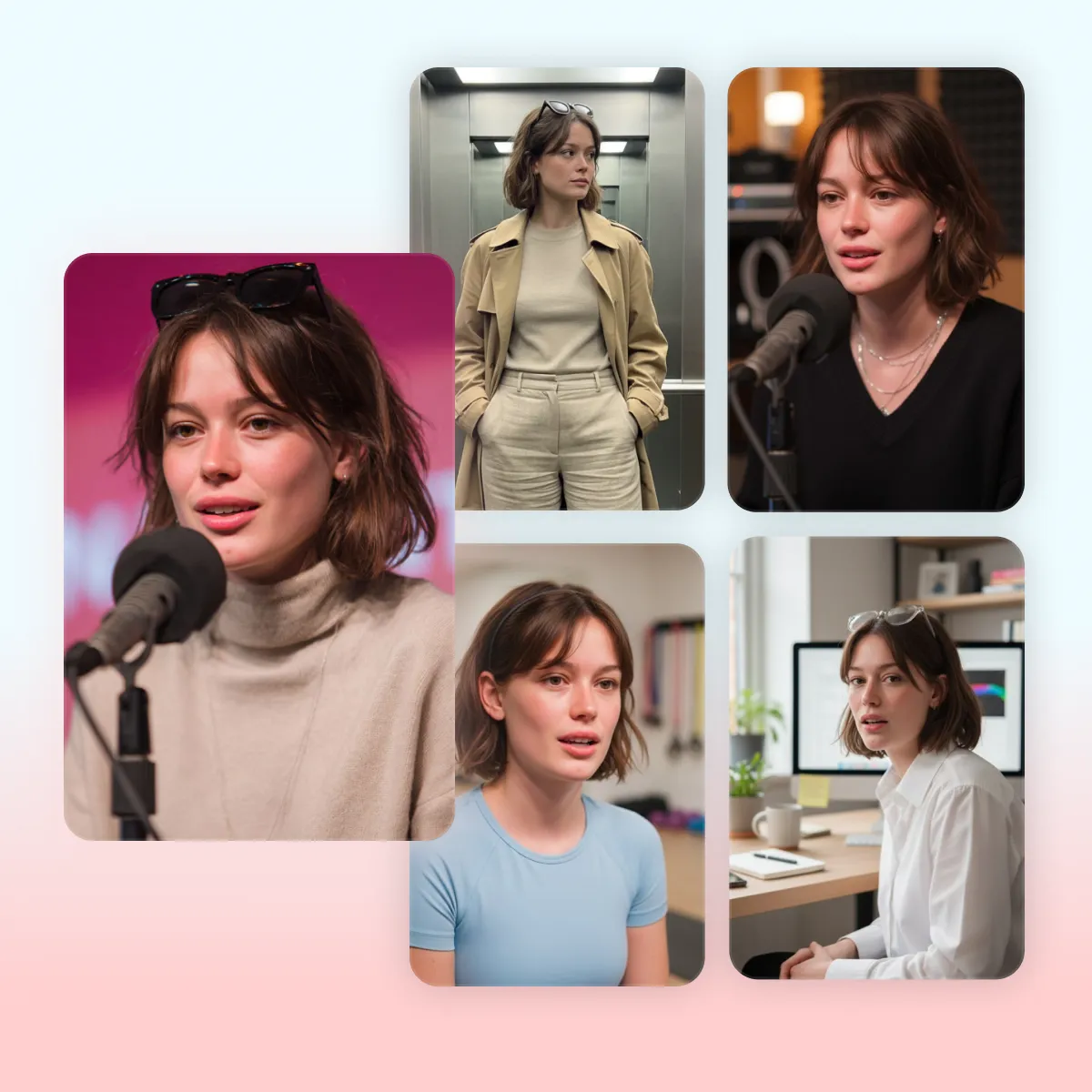 Five thumbnails showing the same woman in various settings: speaking at microphone, in elevator, and at office desk.