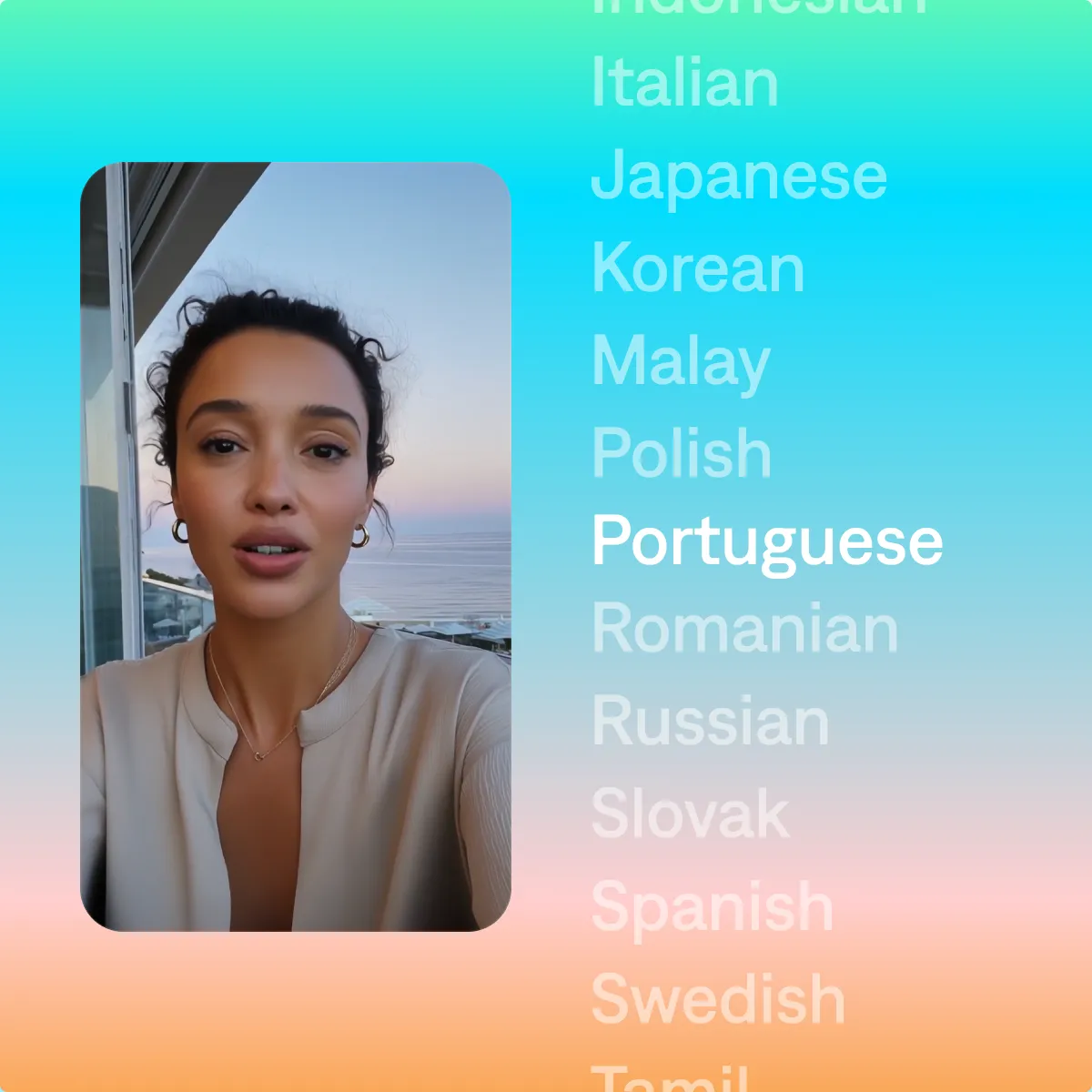 Video still of a woman against ocean view with list of languages including Italian, Japanese, Korean, Polish, Portuguese, and Spanish.