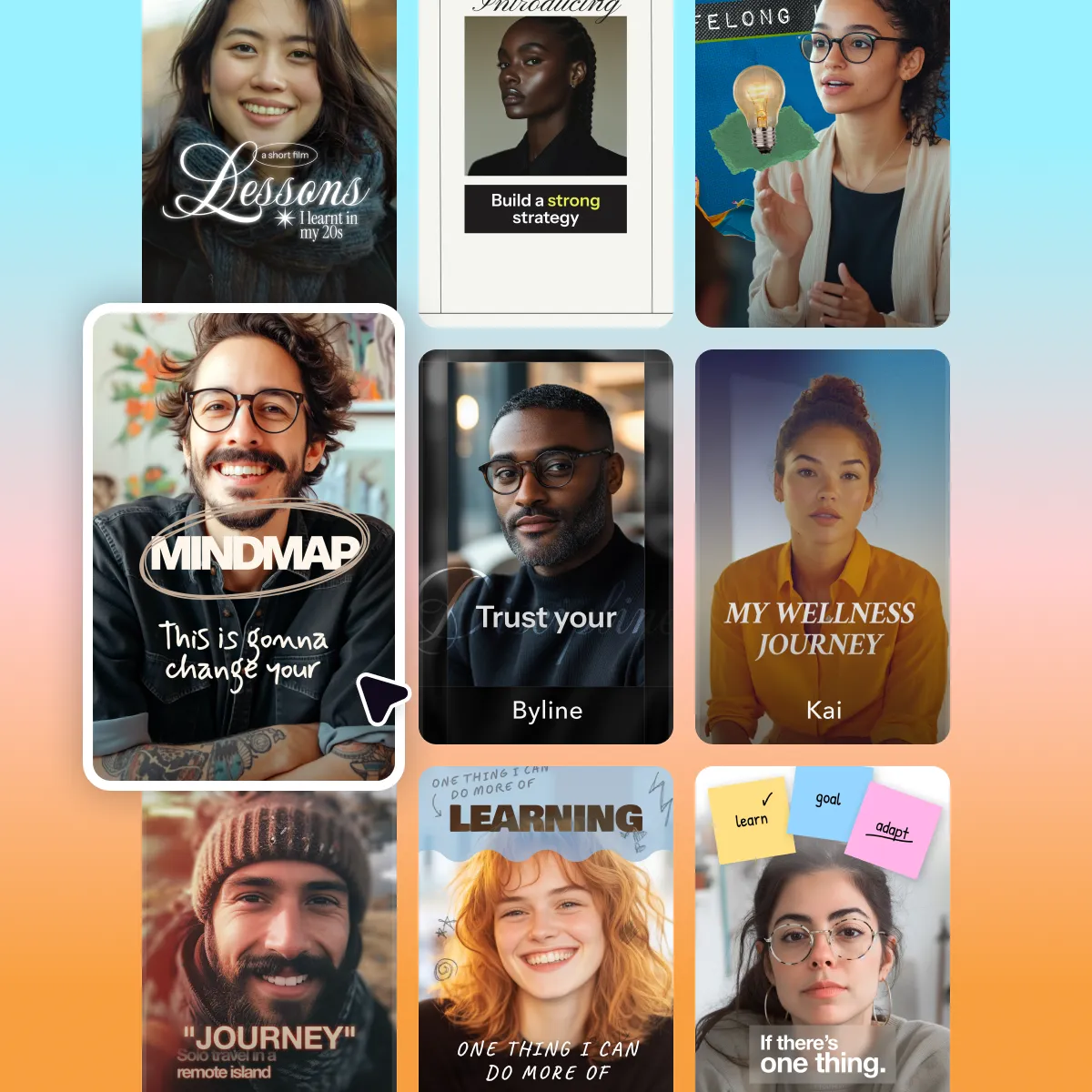Collage of people with motivational text overlays including lessons, strategy, mindmap, wellness journey, and learning themes