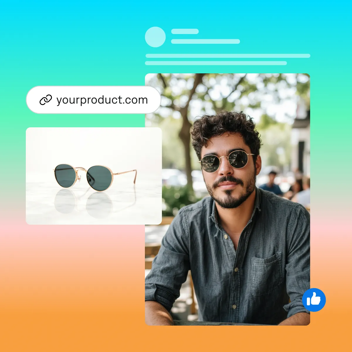 Man wearing round sunglasses outdoors with product image of gold-framed sunglasses and website URL displayed on gradient background.