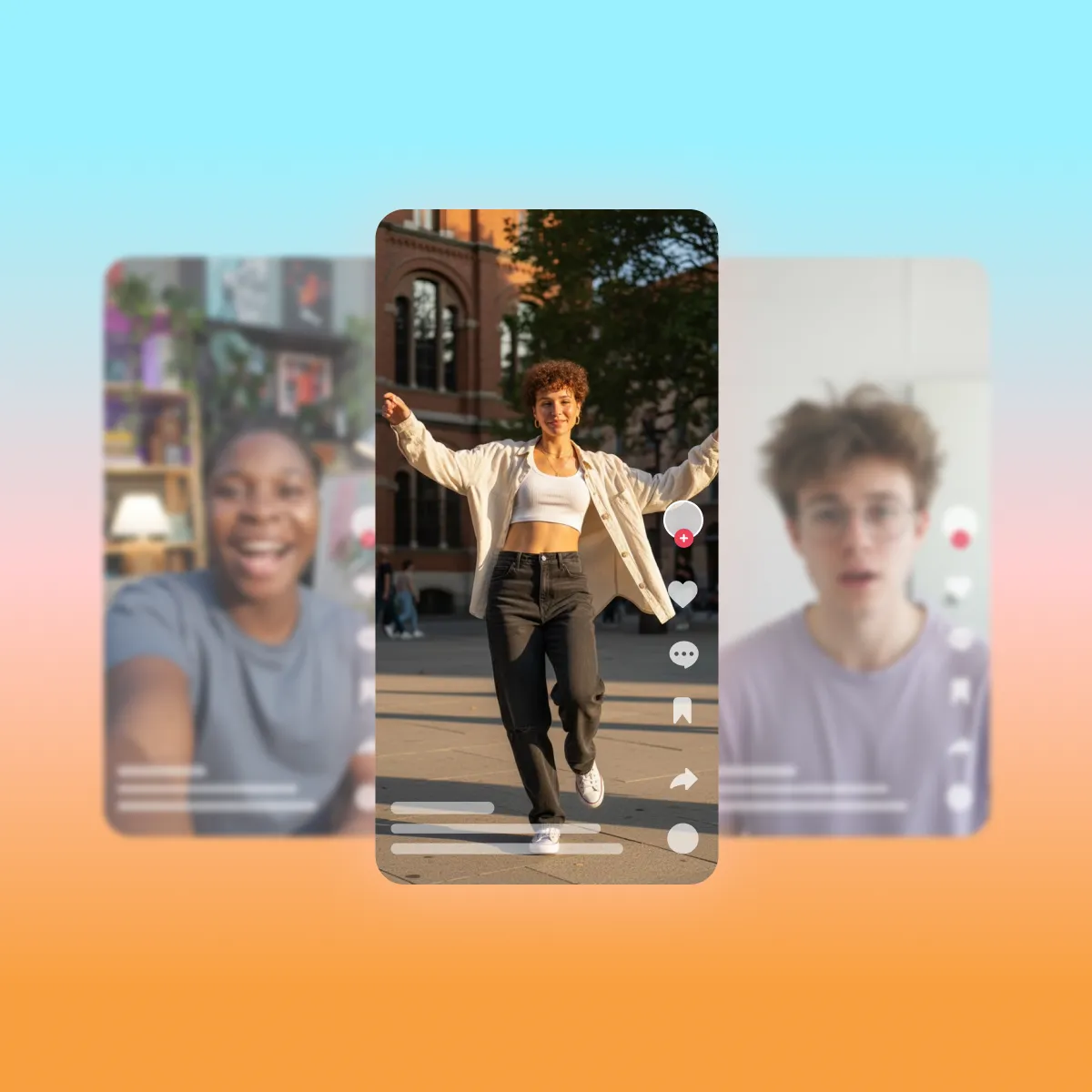 Three smartphone screens showing social media content with a centered person dancing outdoors in front of a brick building.