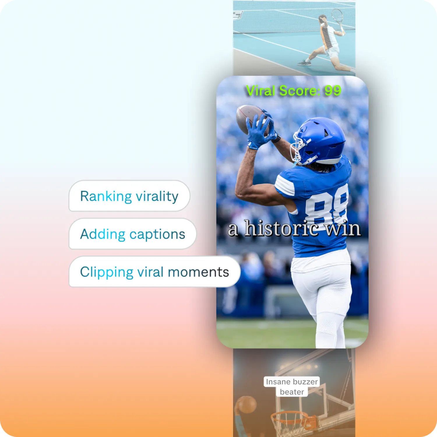 Wide game footage reframed into a vertical highlight clip that follows the play