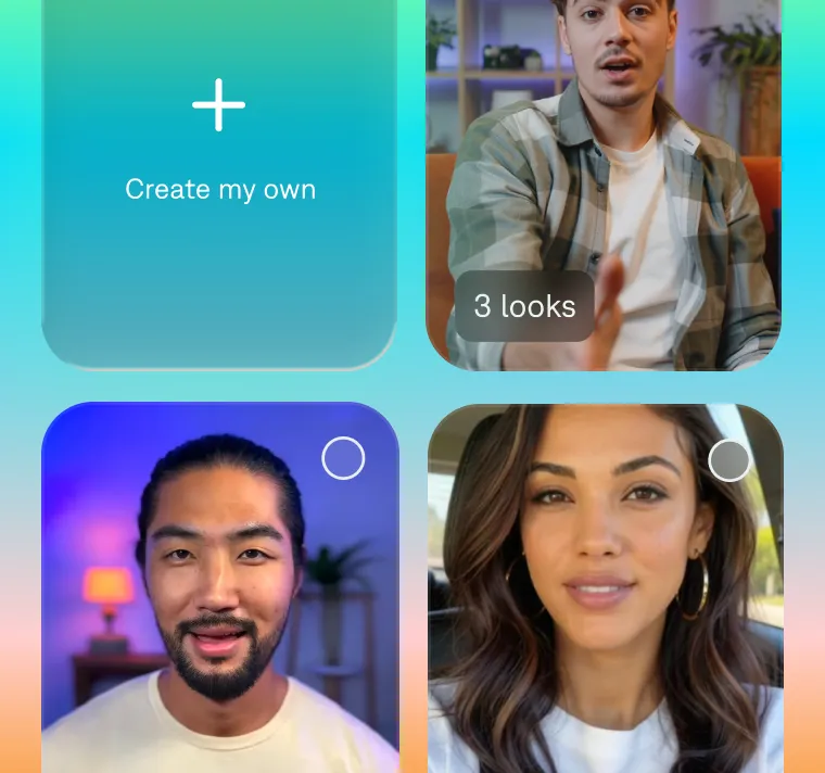 Interface showing a “Create my own” tile with a plus icon, a preview labeled “3 looks,” and two selectable video thumbnails of presenters, each with a circular selection indicator in the corner.