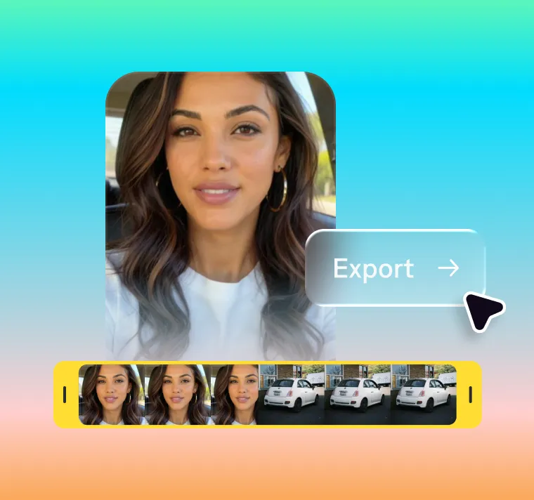 Video editing interface showing a woman speaking in a vertical preview, an “Export →” button with a cursor icon, and a timeline below with multiple thumbnail clips including her talking and a cutaway shot of a white car.