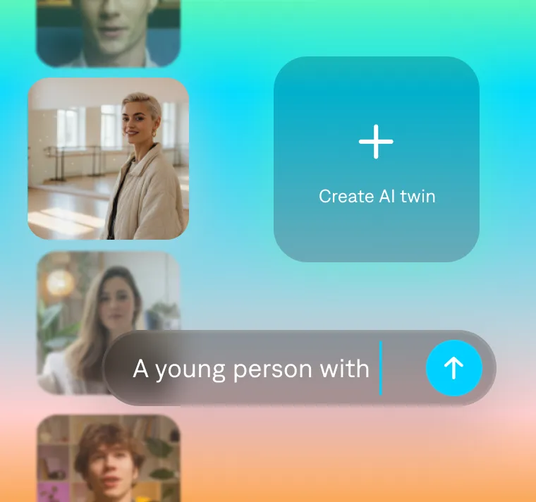 Interface showing AI avatar thumbnails with a Create AI twin button and text input field reading "A young person with"