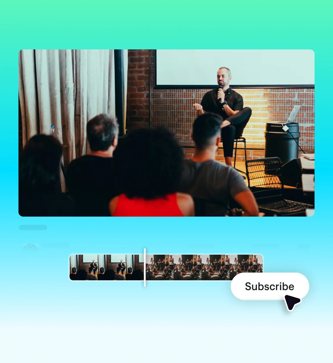 Video thumbnail showing a speaker addressing an audience with the video timeline and subscribe button below. 