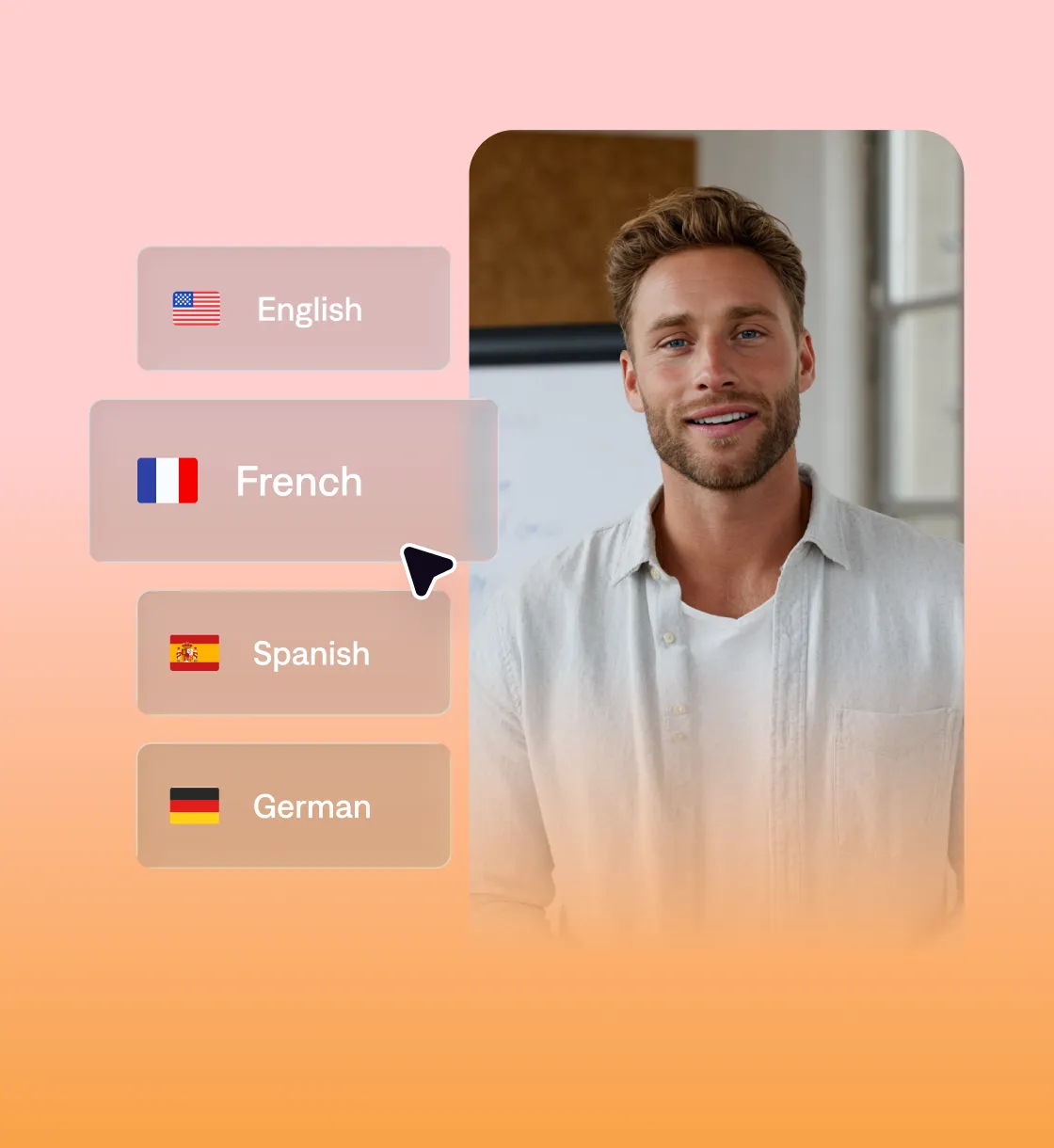 Video still of a man smiling at camera with language selection menu showing English, French, Spanish, and German options with flags.