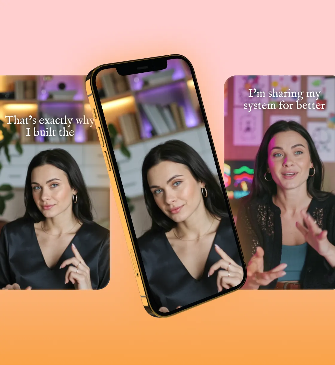 Smartphone displaying video content with woman speaking, shown against pink and orange background with text overlays.