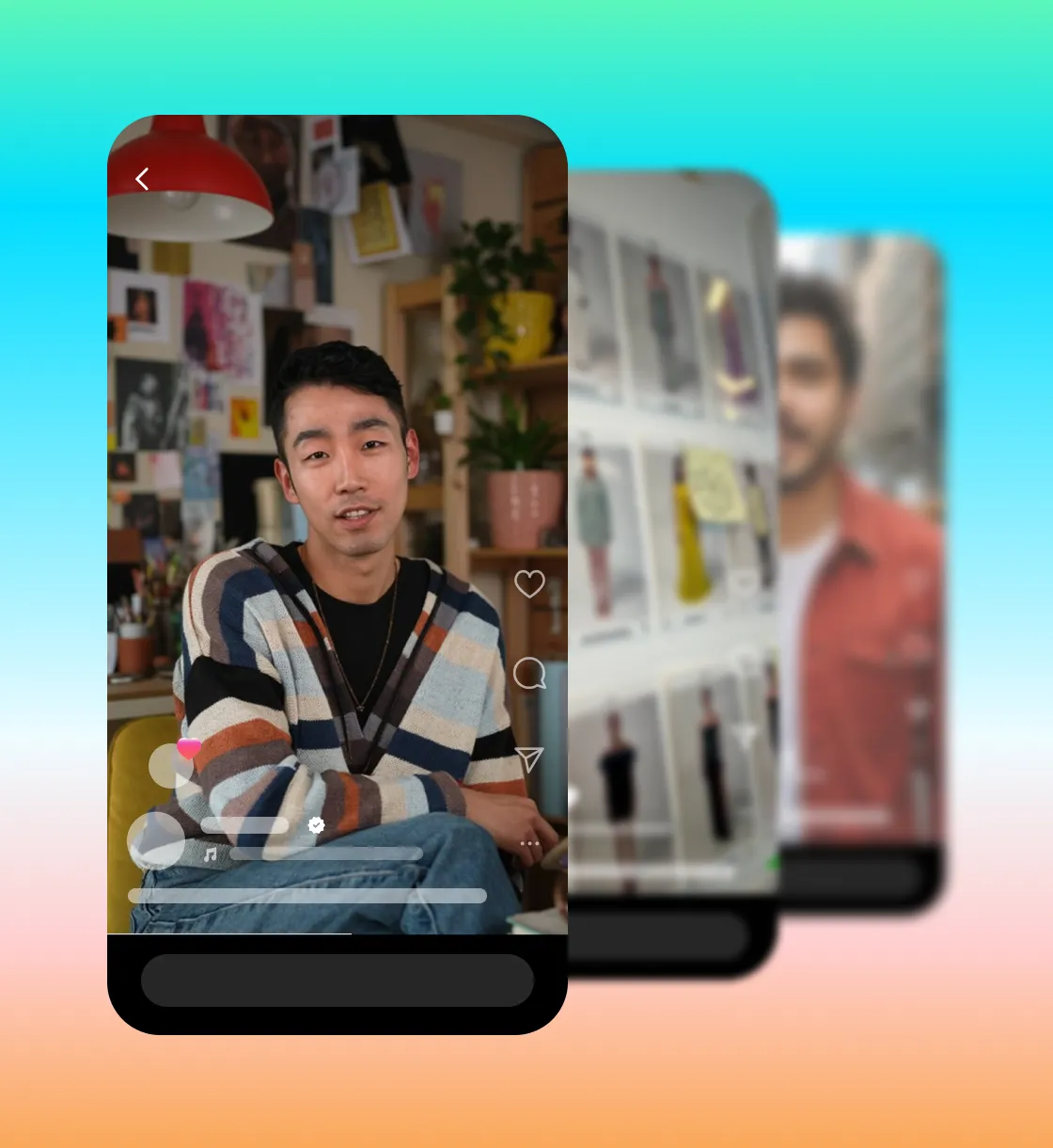 Three smartphone screens displaying social media video content with people in casual settings against a gradient background.