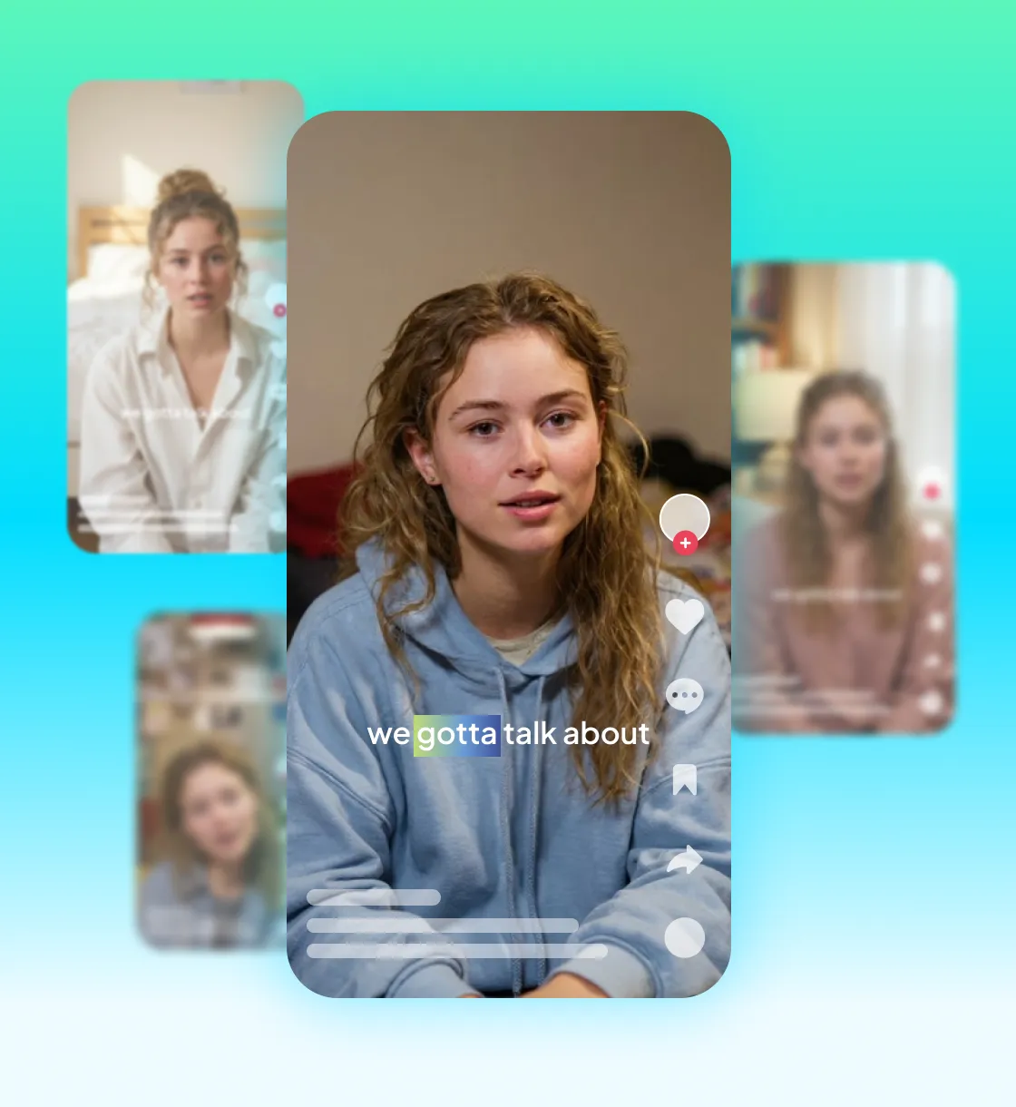 Young woman in blue hoodie on video call with text overlay reading 'we gotta talk about' on turquoise background.