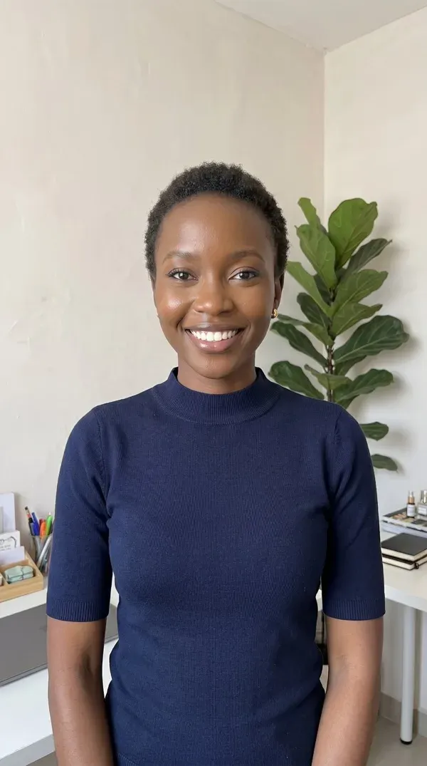 AI avatar in a navy top presenting at a bright home-office desk