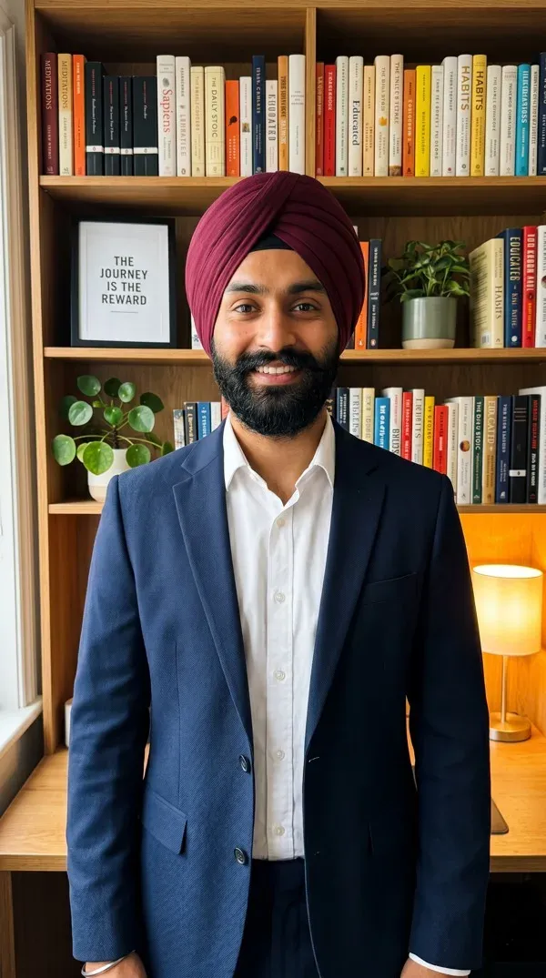 AI avatar in a blue blazer and maroon turban speaking in front of a bookshelf