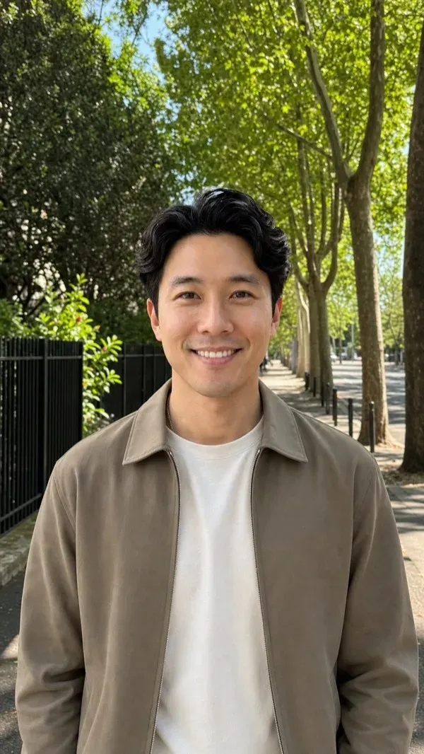 AI avatar in a tan jacket talking to camera on a tree-lined street