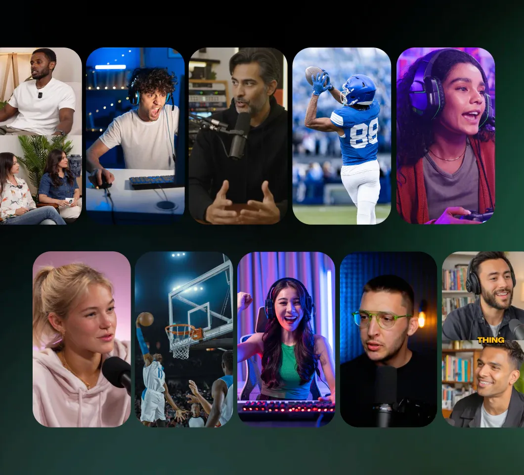 A grid of finished vertical clips spanning podcast, gaming, sports and interview footage.