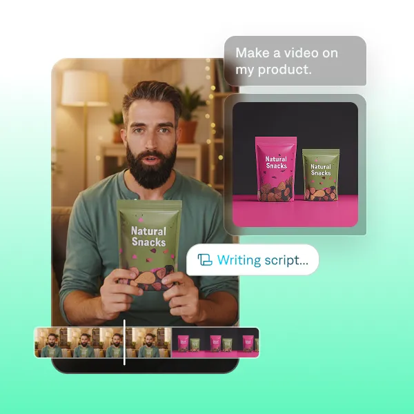 AI product video generator creating a promo for Natural Snacks, showing a creator presenting the packaging while the tool writes the script.
