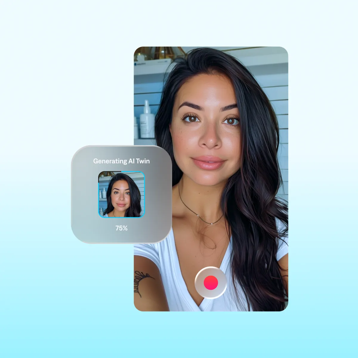 Woman with long dark hair in white top with AI twin generation interface showing 75% progress overlay on light blue background.