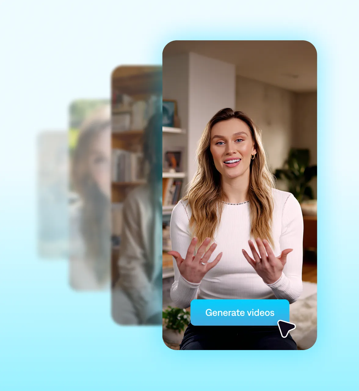 Woman in white top gesturing while speaking in home office with Generate videos button displayed on mobile interface