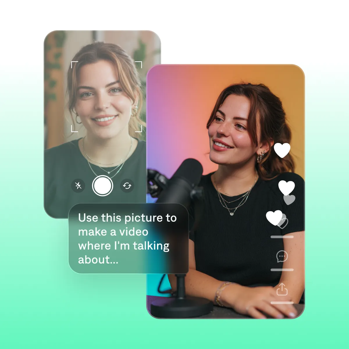 Two overlapping phone screens showing a woman's photo and video recording interface with text about making a video.