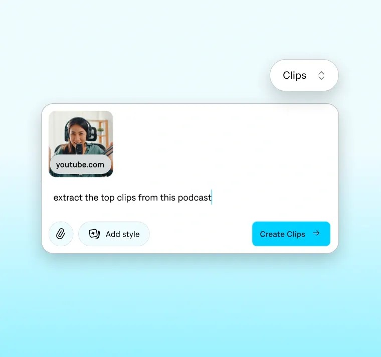 The Captions composer in Clips mode: a YouTube link added, with the prompt “extract the top clips from this podcast” and a Create Clips button.